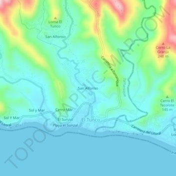 Mapa topográfico San Alfonso, altitud, relieve