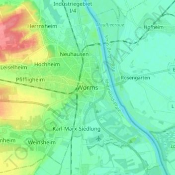 Mapa topográfico Worms, altitud, relieve