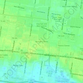 Mapa topográfico Bentsen Colonia, altitud, relieve