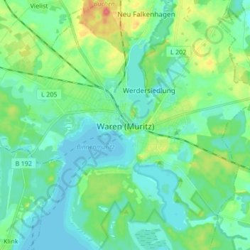 Mapa topográfico Waren (Müritz), altitud, relieve