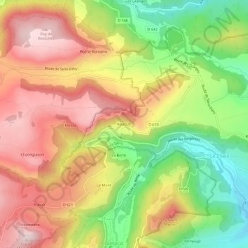 Mapa topográfico Roussat, altitud, relieve