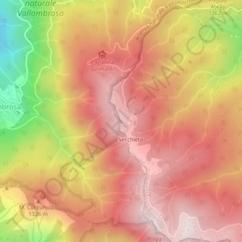 Mapa topográfico Monte Secchieta, altitud, relieve
