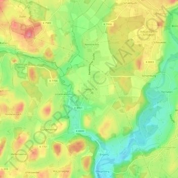 Mapa topográfico Haslach, altitud, relieve