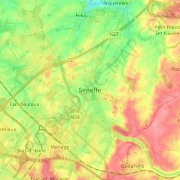 Mapa topográfico Seneffe, altitud, relieve