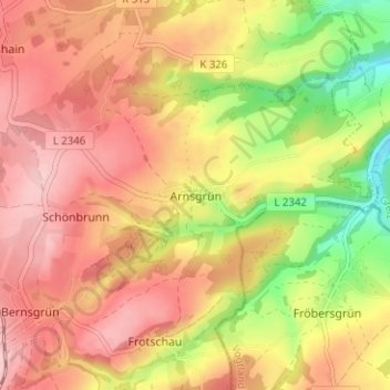 Mapa topográfico Arnsgrün, altitud, relieve