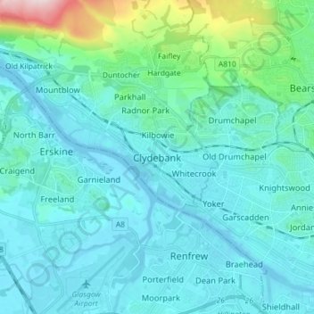 Mapa topográfico Clydebank, altitud, relieve