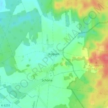 Mapa topográfico Kolpien, altitud, relieve