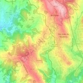 Mapa topográfico Fontainhas, altitud, relieve