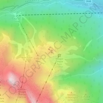 Mapa topográfico Cinque Torri, altitud, relieve