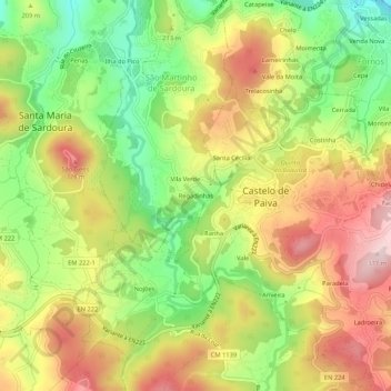 Mapa topográfico Regadinhas, altitud, relieve