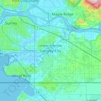 Mapa topográfico Langley City, altitud, relieve