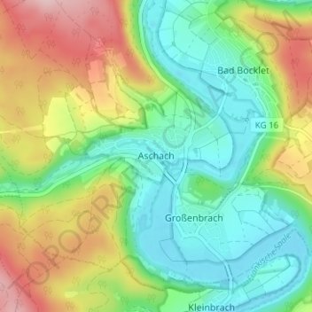 Mapa topográfico Aschach, altitud, relieve