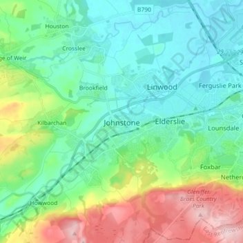 Mapa topográfico Johnstone, altitud, relieve