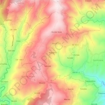Mapa topográfico Nogueira, altitud, relieve