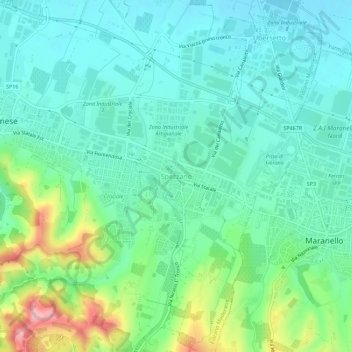 Mapa topográfico Spezzano, altitud, relieve