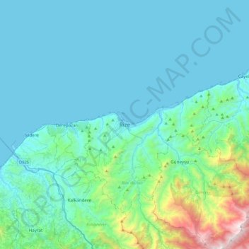Mapa topográfico Rize, altitud, relieve