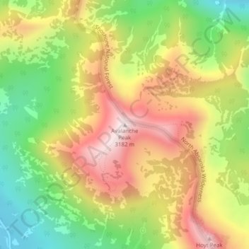 Mapa topográfico Avalanche Peak, altitud, relieve