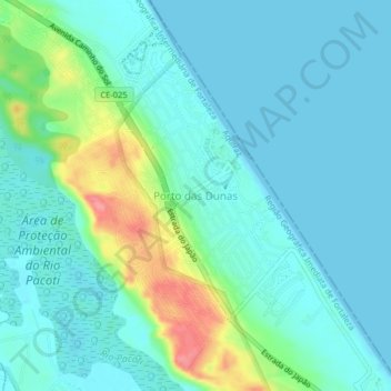 Mapa topográfico Porto das Dunas, altitud, relieve