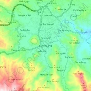 Mapa topográfico Sumedang, altitud, relieve