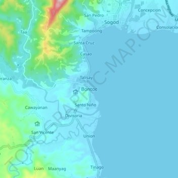 Mapa topográfico Bontoc, altitud, relieve