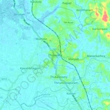 Mapa topográfico Thiruvalla, altitud, relieve