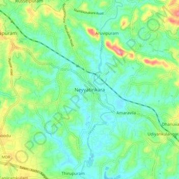 Mapa topográfico Neyyatinkara, altitud, relieve