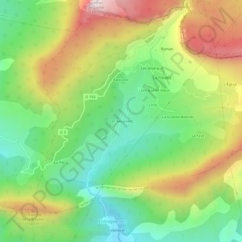 Mapa topográfico Les Meuniers, altitud, relieve