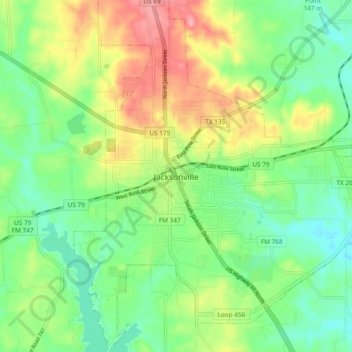 Mapa topográfico Jacksonville, altitud, relieve