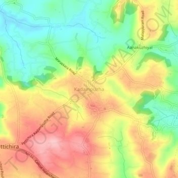 Mapa topográfico Kadampuzha, altitud, relieve