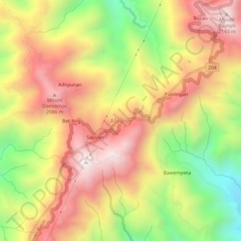 Mapa topográfico Abiang, altitud, relieve