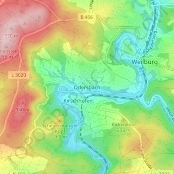 Mapa topográfico Odersbach, altitud, relieve