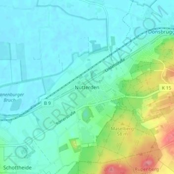 Mapa topográfico Nütterden, altitud, relieve