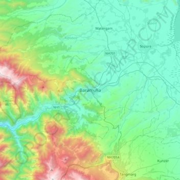Mapa topográfico Baramulla, altitud, relieve
