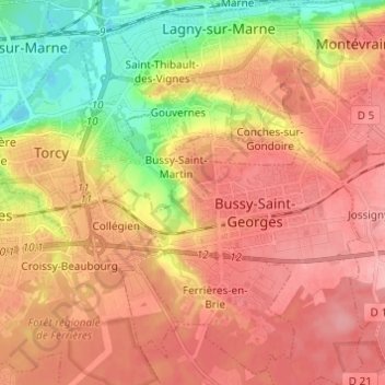 Mapa topográfico Bussy-Saint-Georges, altitud, relieve