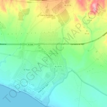 Mapa topográfico Retamar, altitud, relieve