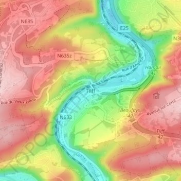 Mapa topográfico Tilff, altitud, relieve