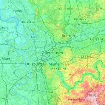 Mapa topográfico Oberhausen, altitud, relieve