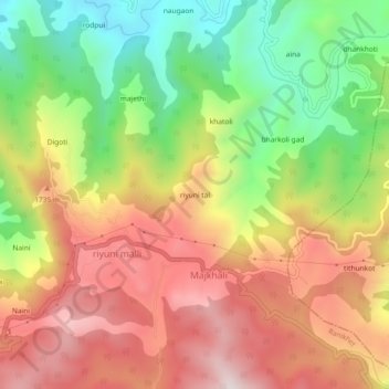 Mapa topográfico riyuni tal, altitud, relieve