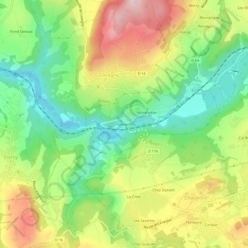 Mapa topográfico Pontverre, altitud, relieve