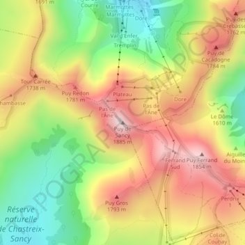 Mapa topográfico Puy de Sancy, altitud, relieve