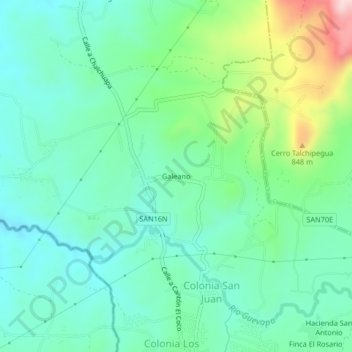 Mapa topográfico Galeano, altitud, relieve