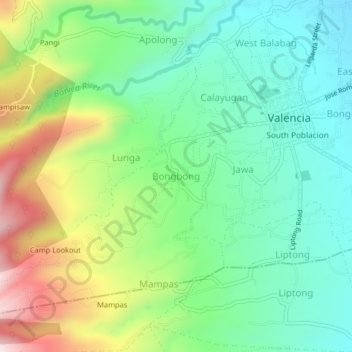 Mapa topográfico Bongbong, altitud, relieve