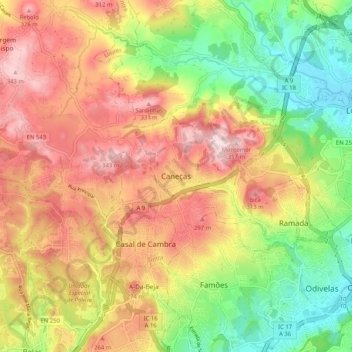 Mapa topográfico Caneças, altitud, relieve