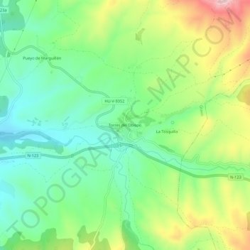 Mapa topográfico Torres del Obispo, altitud, relieve