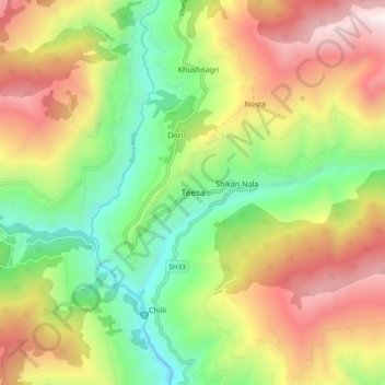 Mapa topográfico Teesa, altitud, relieve