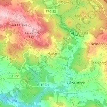 Mapa topográfico Haslach, altitud, relieve