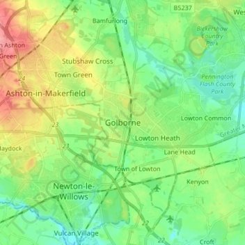 Mapa topográfico Golborne, altitud, relieve