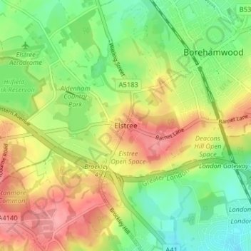 Mapa topográfico Elstree, altitud, relieve