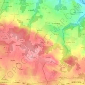 Mapa topográfico Kervoal, altitud, relieve
