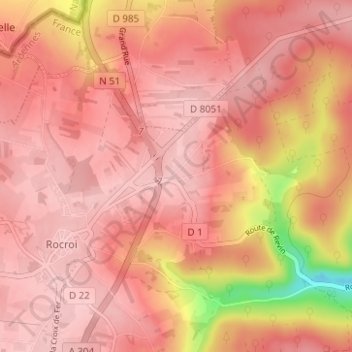 Mapa topográfico Hiraumont, altitud, relieve